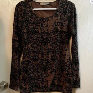Peruvian Connection Brown Scroll Cotton Spandex Long Sleeve Shirt Top Size XS
